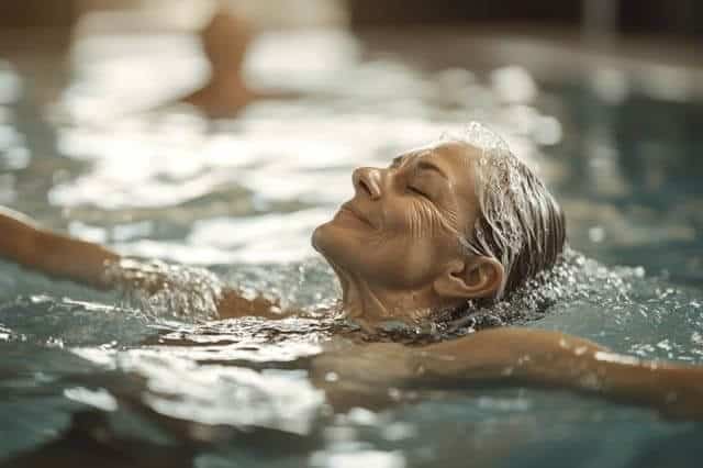 Ältere Frau hält sich mit Rückenschwimmen fit